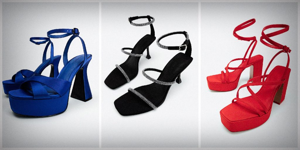 Zapatos con tacón y plataforma en colores azul, negro y rojo.